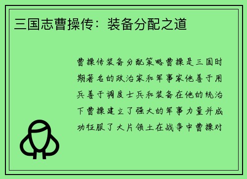 三国志曹操传：装备分配之道